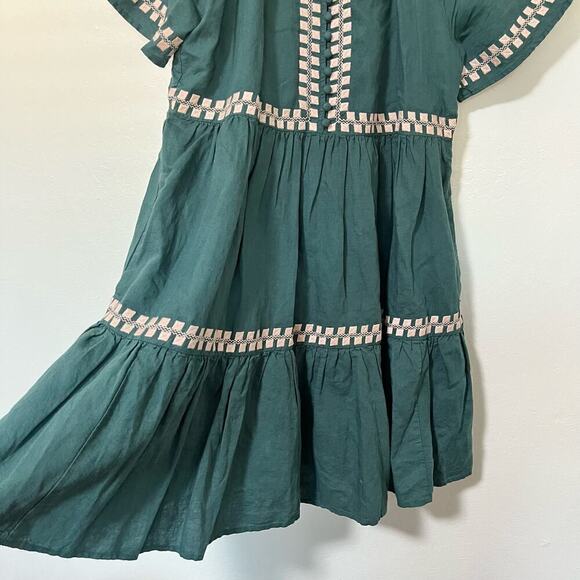 Madewell Embroidered Linen oFlutter Sleeve Mini Dress Size S Evergreen Forest - Picture 7 of 12